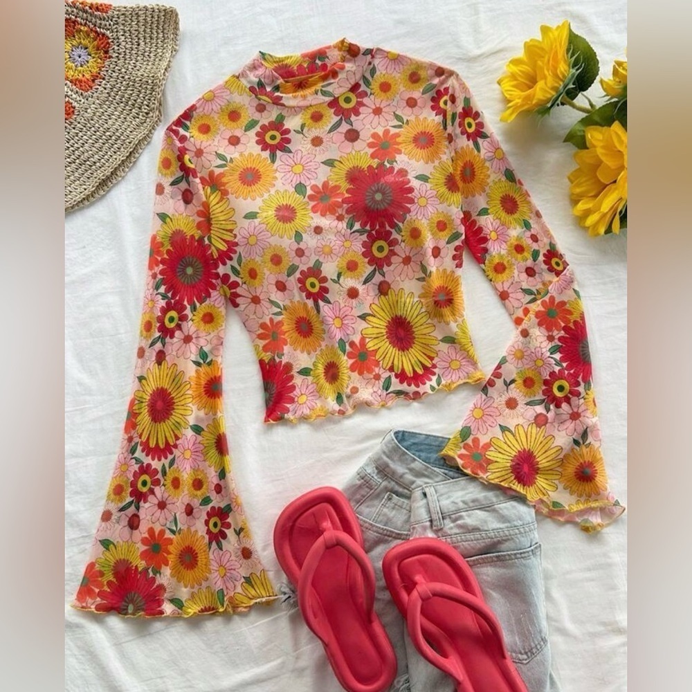 Semi Sheer Floral Bell Sleeve Top - Multicolor